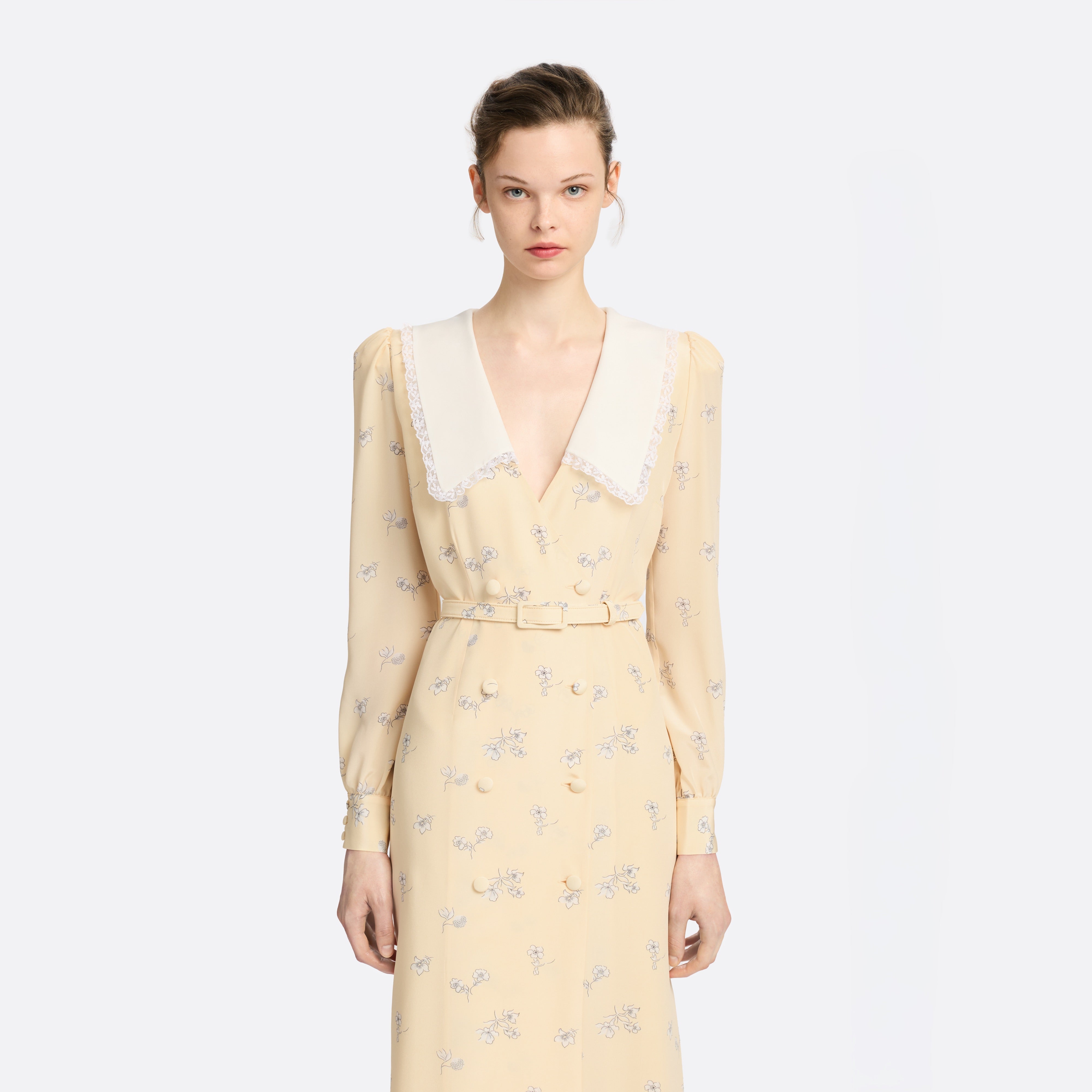 Alessandra Rich Silk Midi Dress with Collar robe midi jaune pâle soie