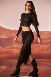Oh Polly Embellished 6929 maxi jupe strass noir taille basse
