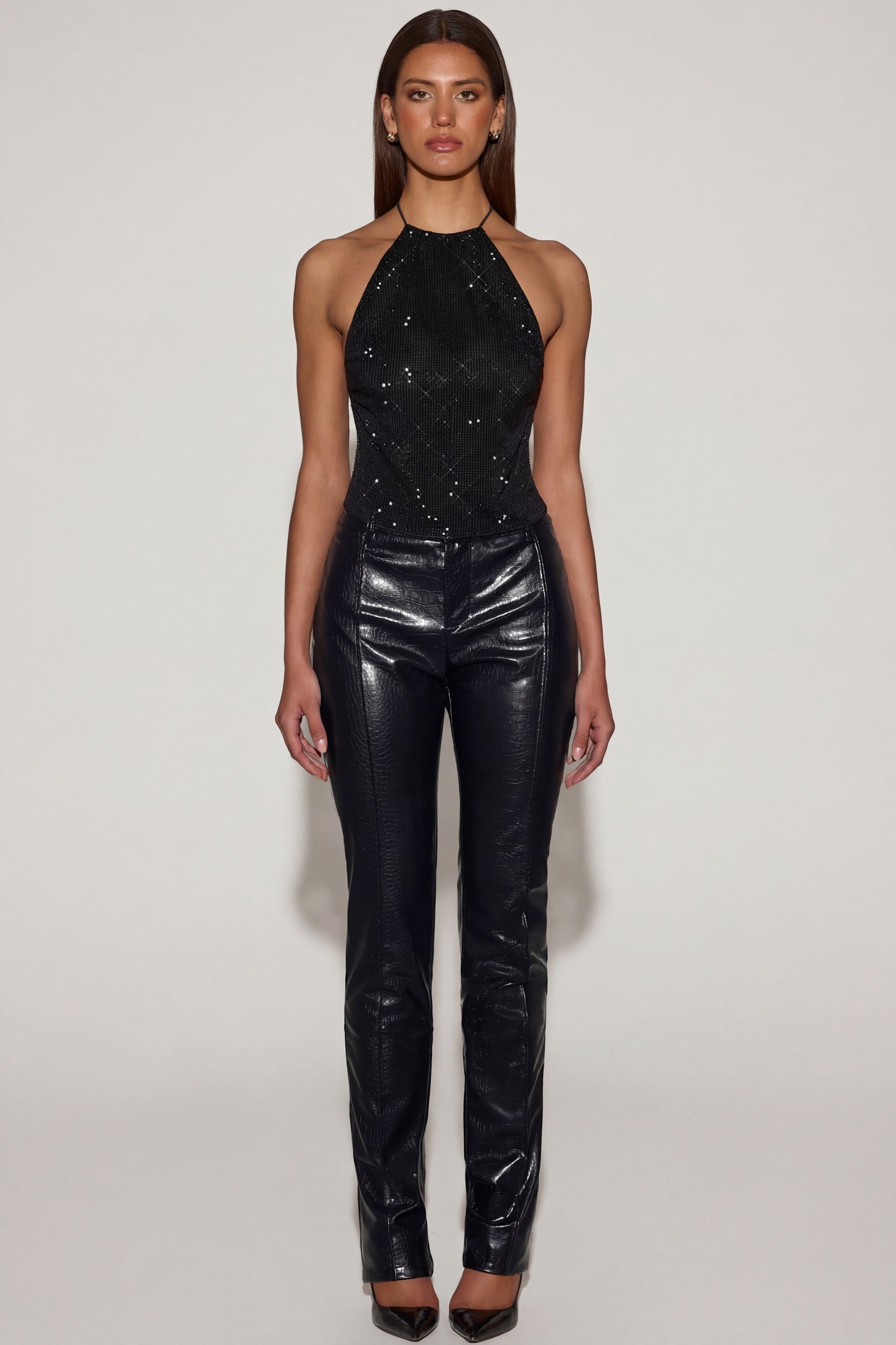Oh Polly Trousers 14939 pantalon similicuir noir croco droit