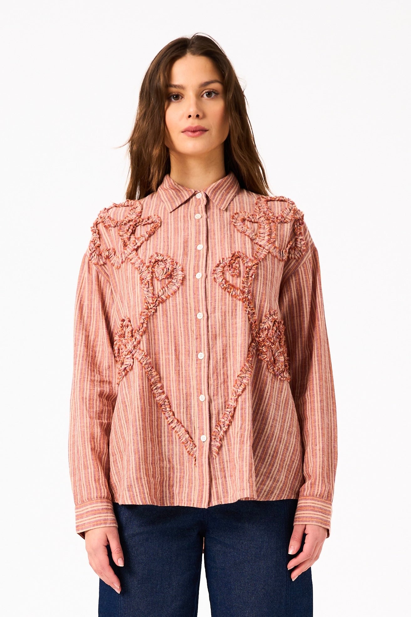Chicosoleil Tops Junko chemise beige rayures Handloom