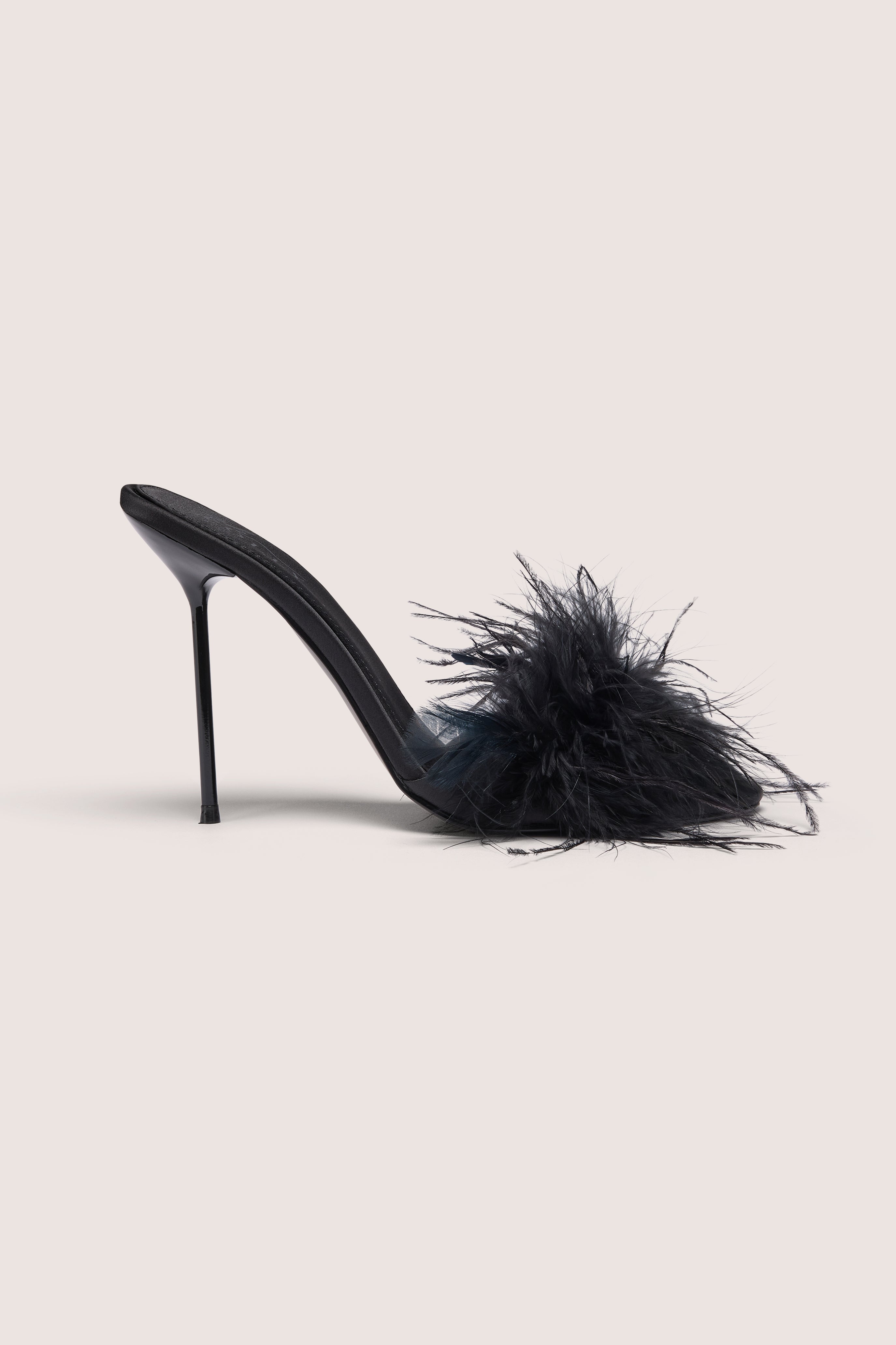 Oh Polly Kirlia mule satin talon noir plumes 11,5 cm