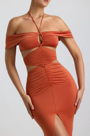 Oh Polly Karleen robe longue orange brûlé fente