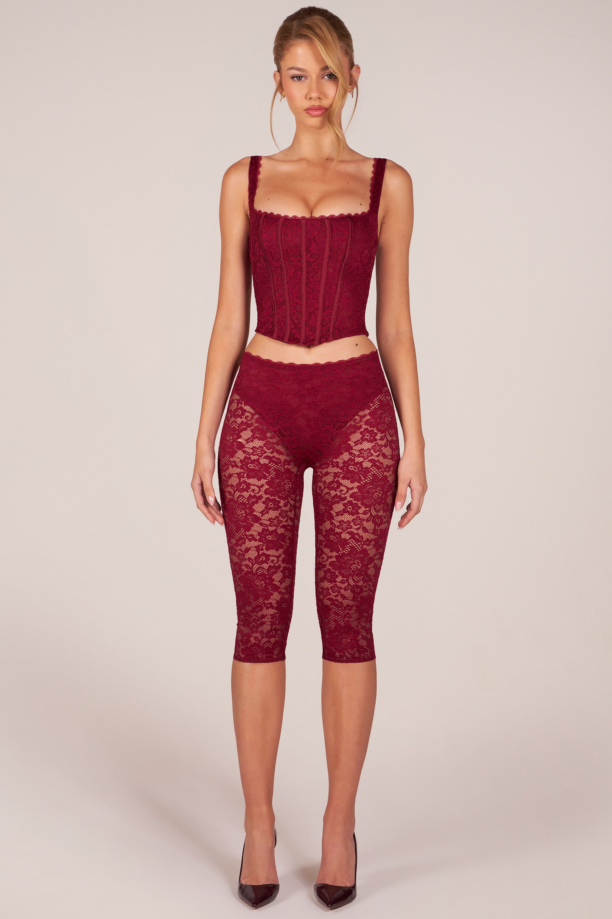 Oh Polly Annalisa pantalon dentelle rouge cerise capri 44 cm