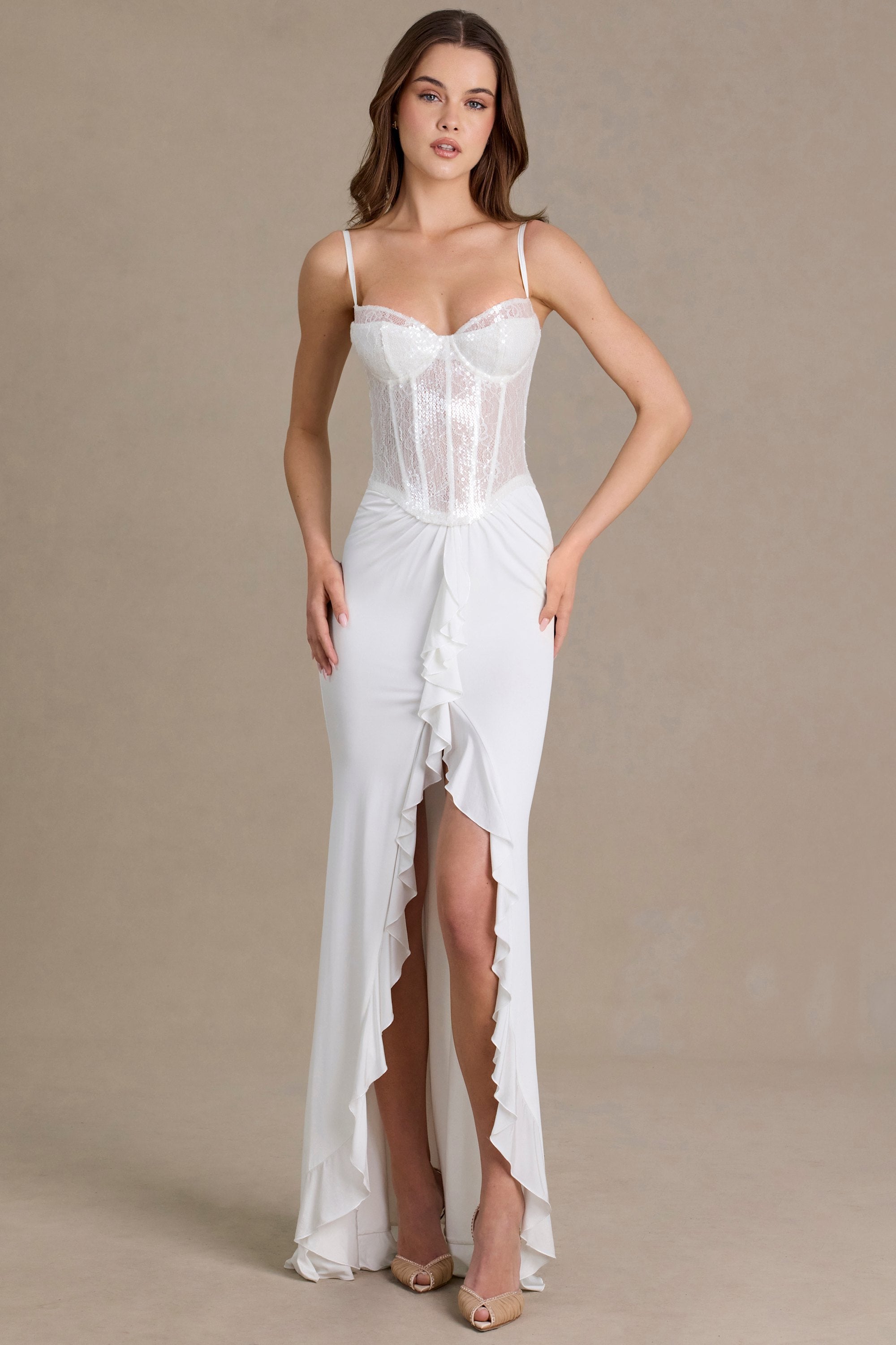 Oh Polly Robe Corset Dentelle Snow Sequin Fendue Volants
