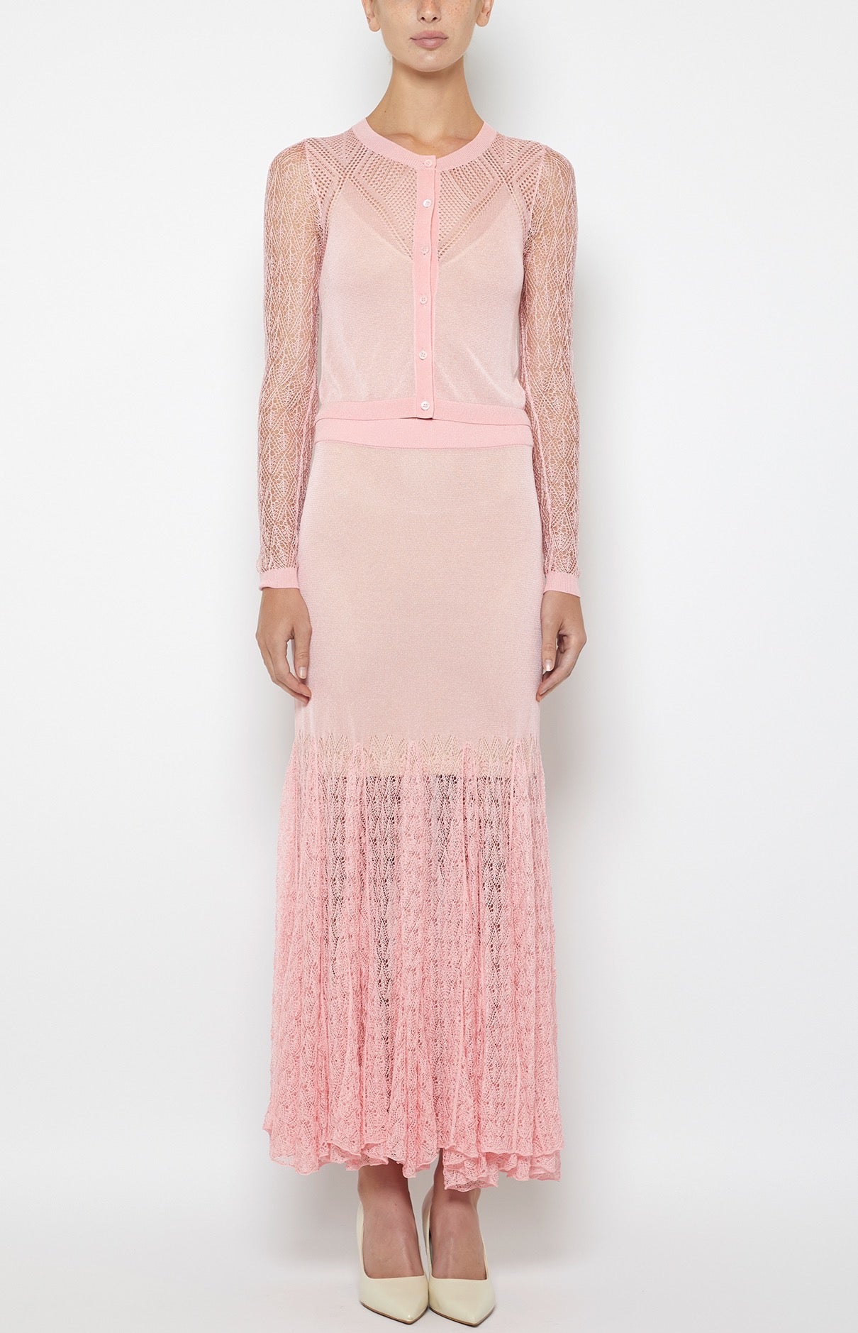 Prabal Gurung Pointelle Crewneck cardigan rose maille ajourée