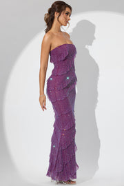 Oh Polly Dulce robe maxi bustier prune volants strass