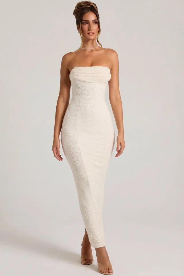 Oh Polly Palermo Robe Maxi Bustier Neige perlée