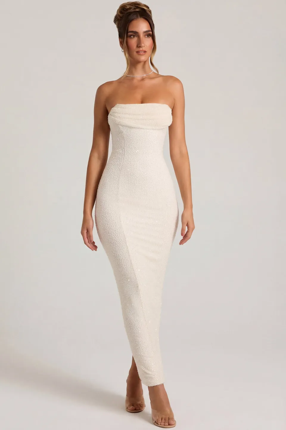 Oh Polly Palermo Robe Maxi Bustier Neige perlée