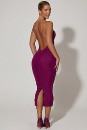 Oh Polly Dresses Alondra robe bodycon midaxi prune ruchée