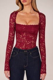 Oh Polly Bodysuits Body Letizia Bordeaux Dentelle Col Carré