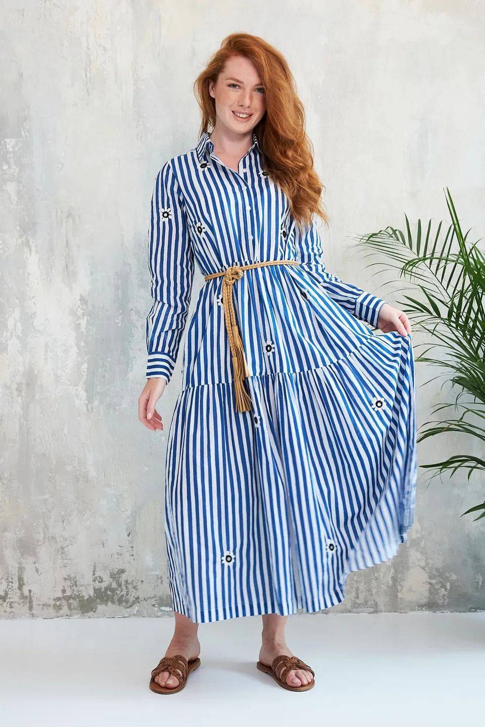 Chicosoleil Leela robe chemise longue rayée bleu coton