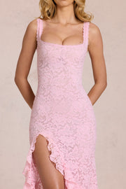 Oh Polly Celira robe longue dentelle rose blossom fente cuisse