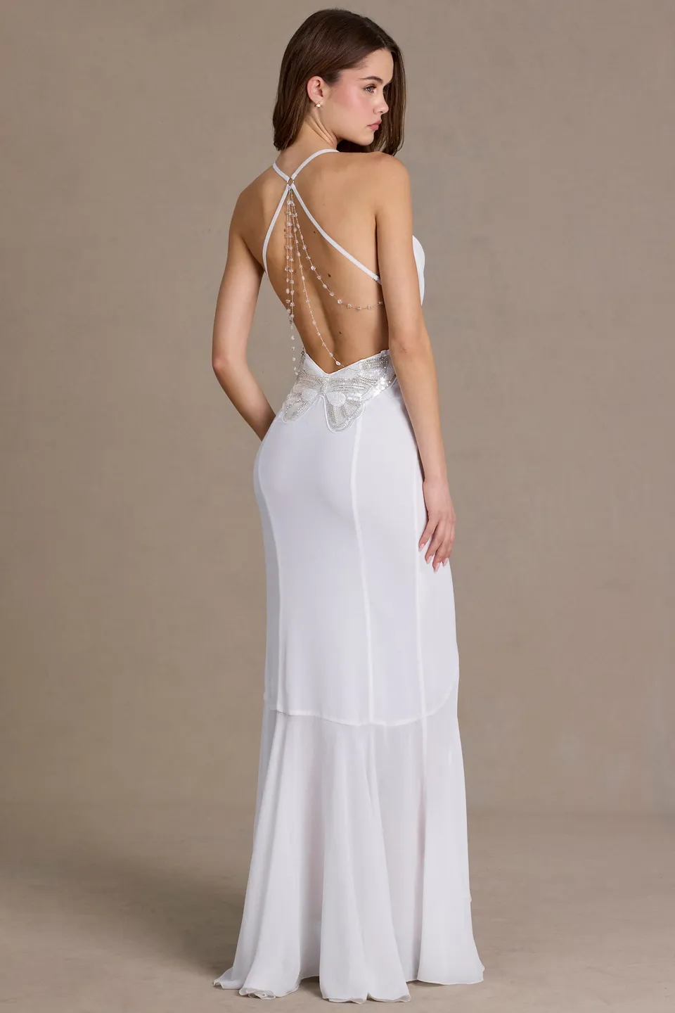 Oh Polly robe chiffon col bénitier blanche Snow fente
