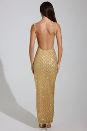Oh Polly Yarina robe maxi dorée strass roses fente cuisse