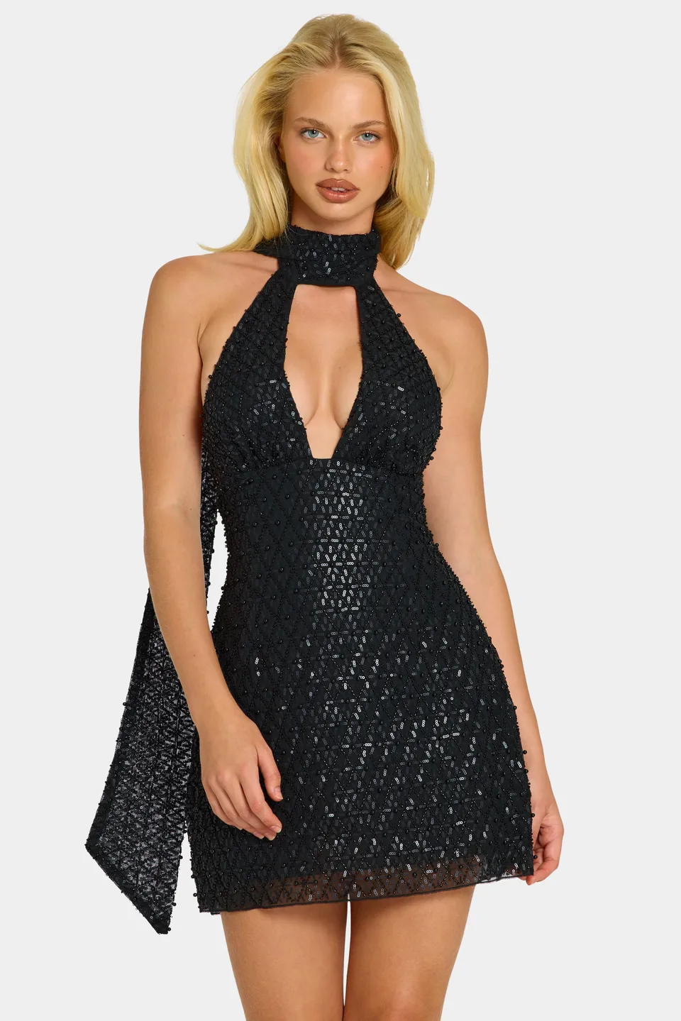 Oh Polly Henrietta Robe Mini Strass Noire à Foulard