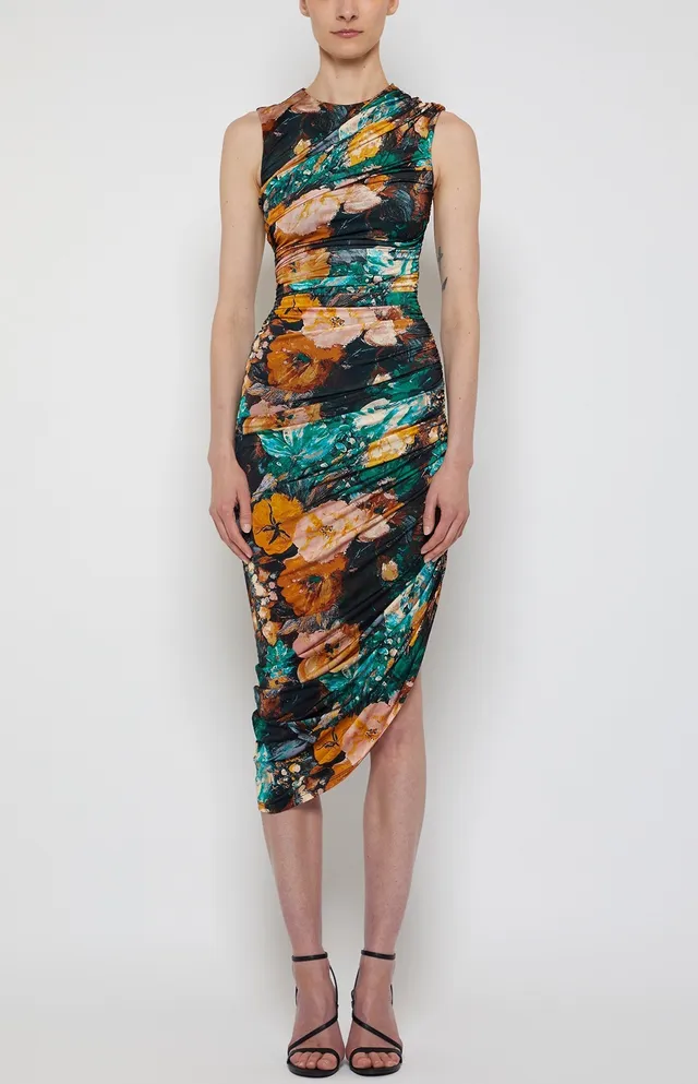Prabal Gurung Ruched Sleeveless robe verte fleur froncée