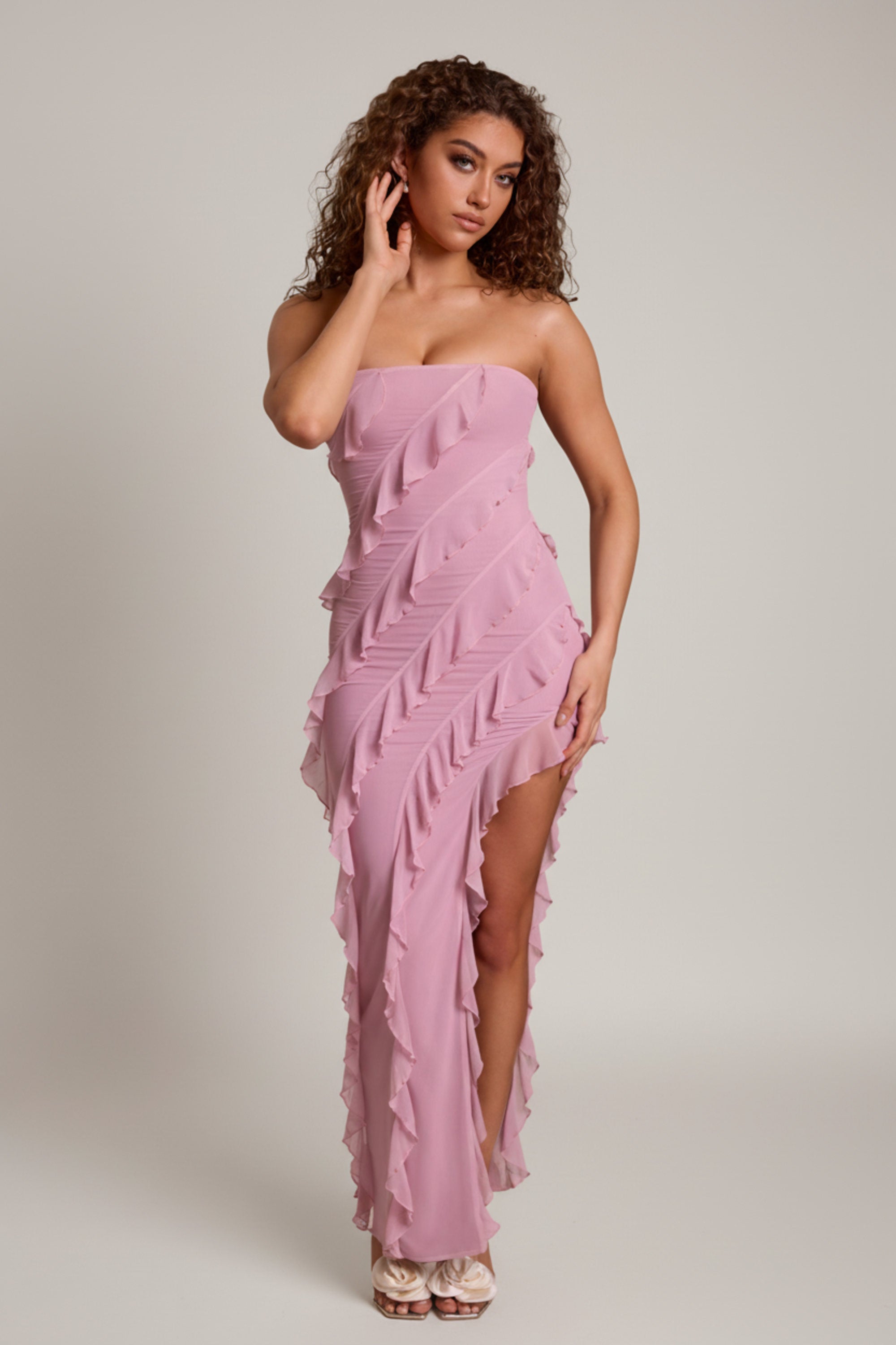 Oh Polly Nevali robe longue bandeau rose volants