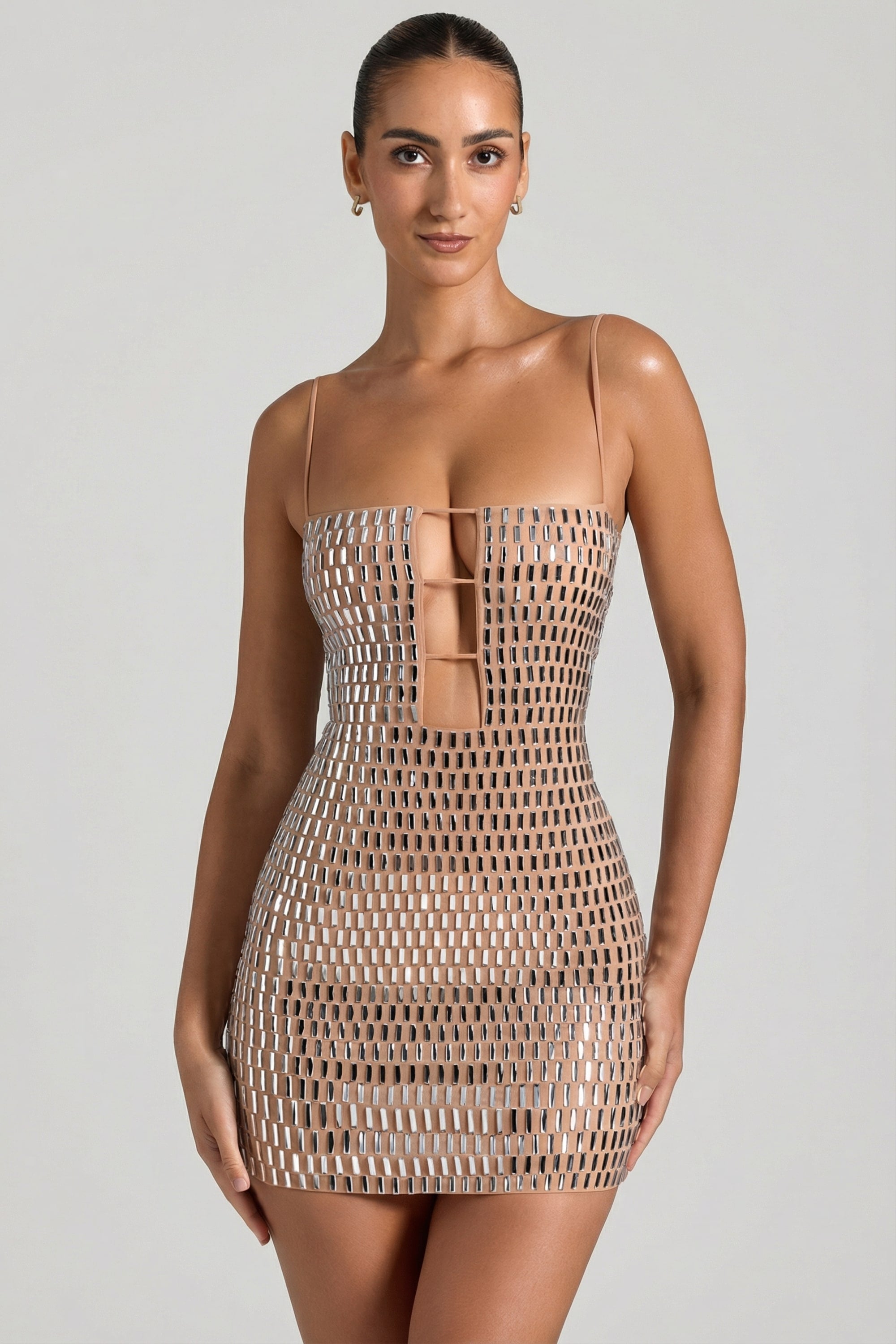 Oh Polly Embellished 10087 mini robe miel découpes strass