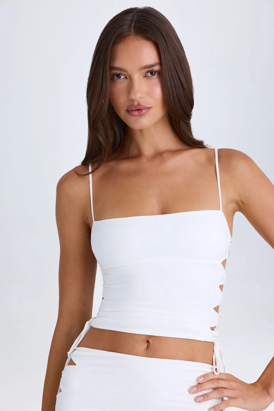 Oh Polly Emerson Top Blanc Ruché Col Carré Lacets