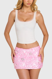Oh Polly Elia mini-jupe sequins rose bonbon taille basse