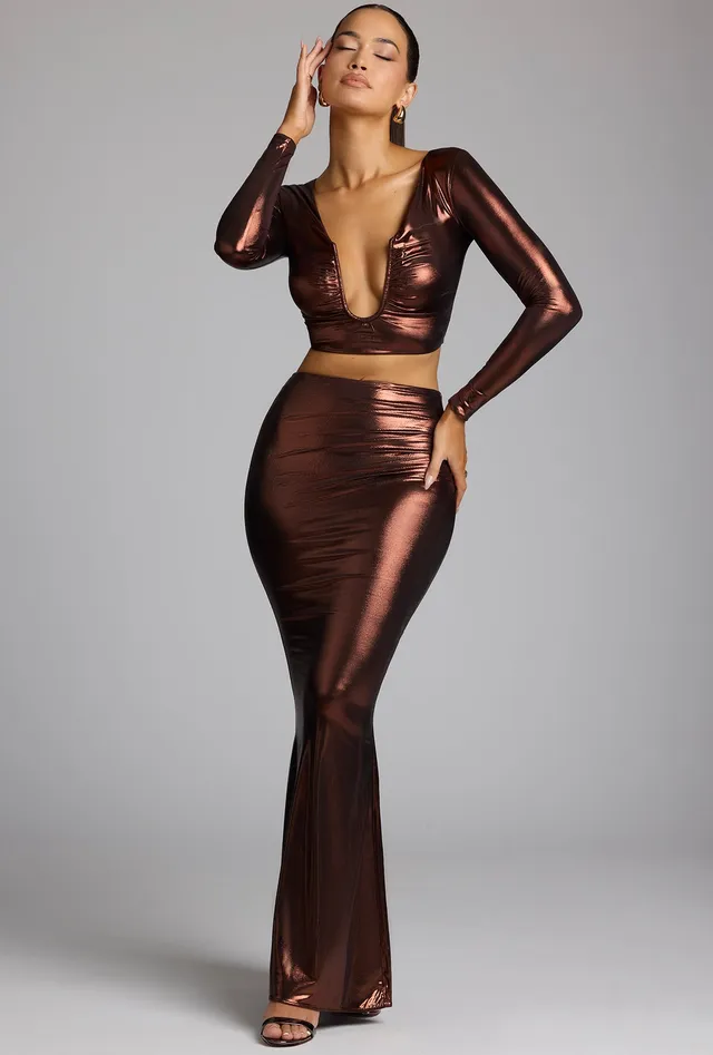 Oh Polly Zahra 8138 jupe longue cuivre bronze métallique