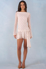 Oh Polly Dresses Mini Robe Ivoire Pois Dos Nu Manches Longues
