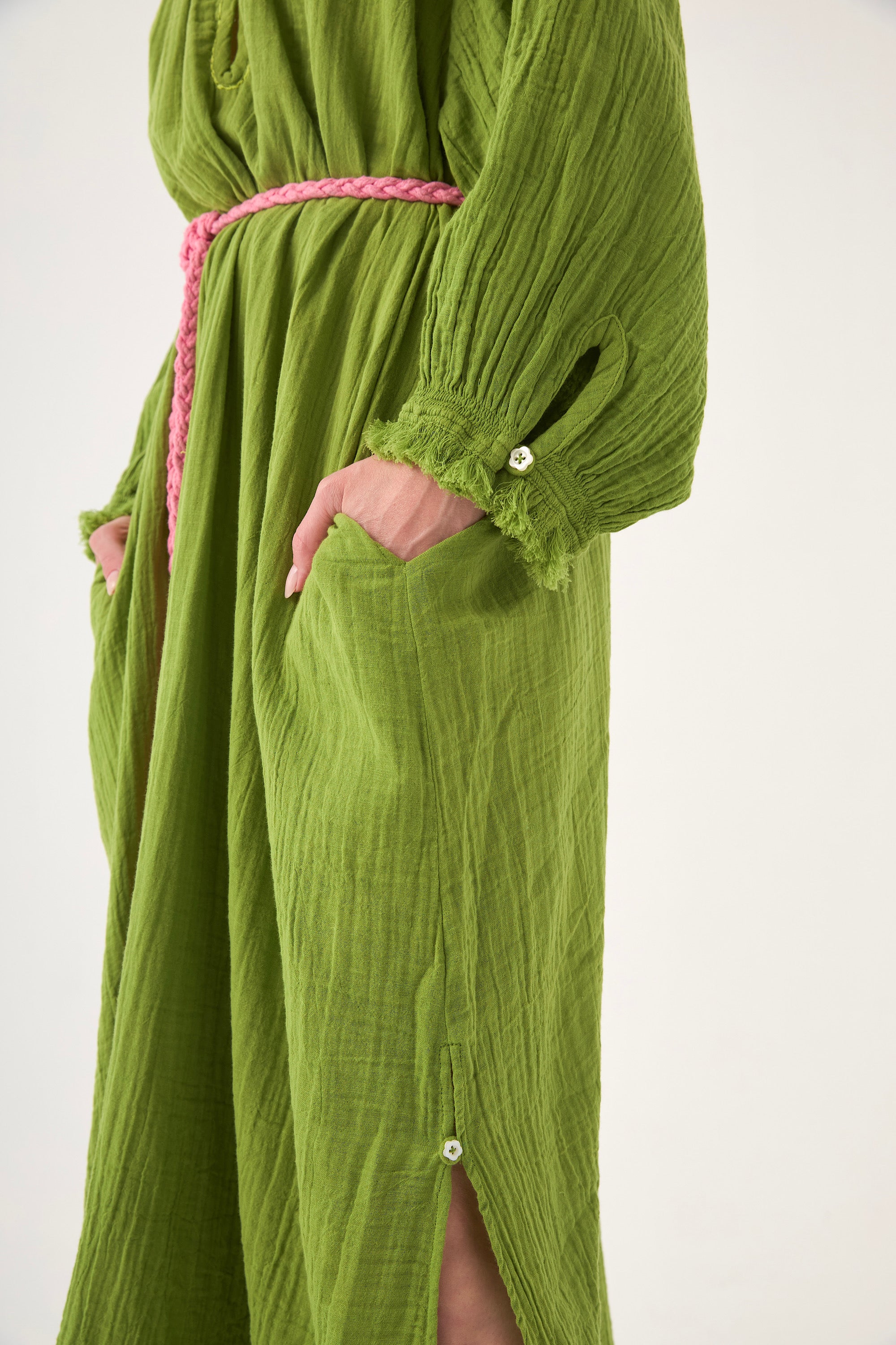 Chicosoleil Marigold robe longue vert péridot gaze coton