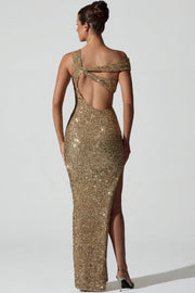 Oh Polly Embellished Persephone robe longue dorée sequins fendue