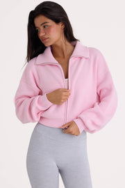 Oh Polly sweat zippé court rose clair côtelé coton