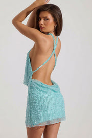 Oh Polly Sylune 14476 robe mini dos nu aquamarine perles