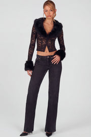 Oh Polly Noemy Sheer Lace Cardigan dentelle noir col fourrure court