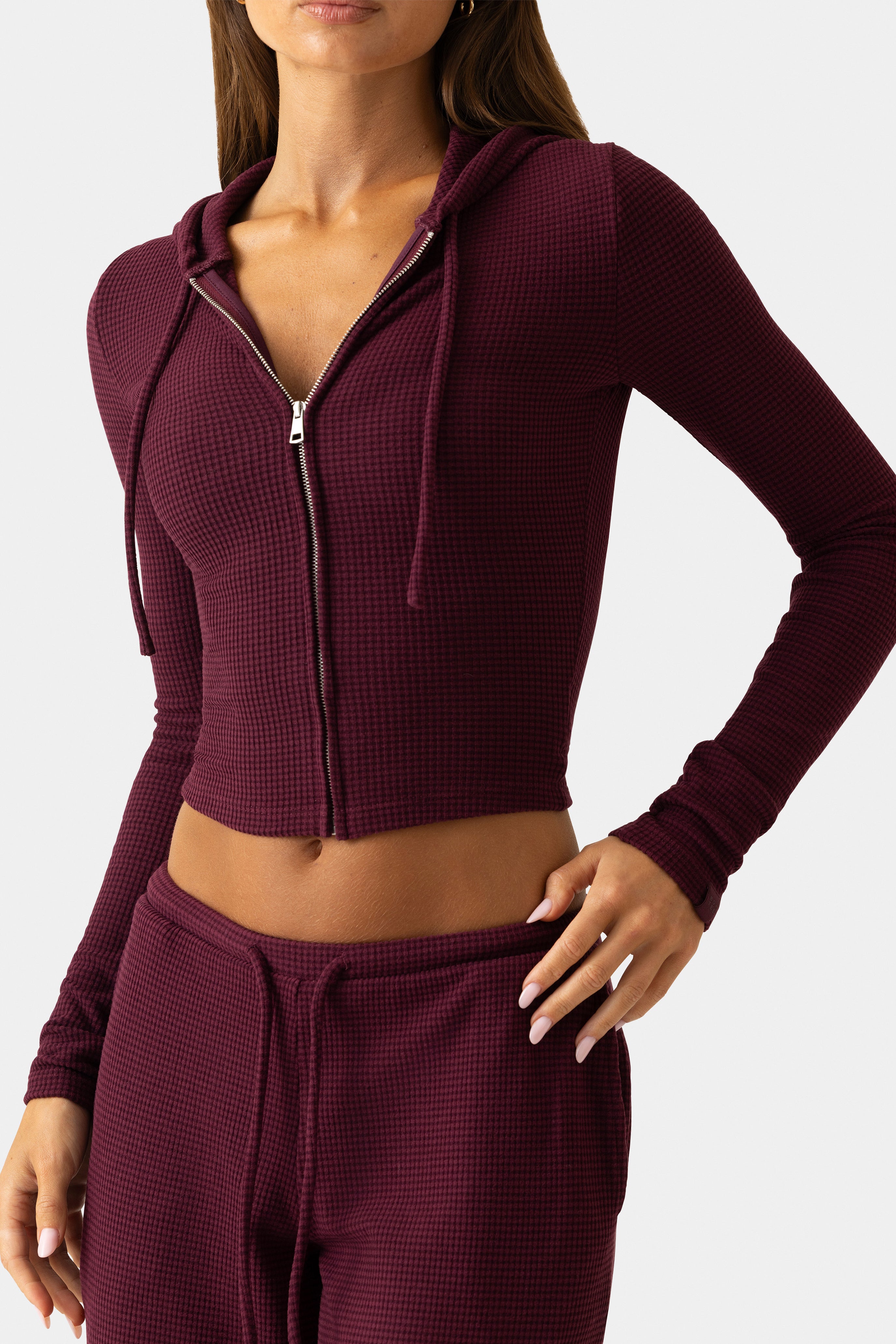 Oh Polly Bo+Tee Sweat à capuche zippé Plum côtelé crop