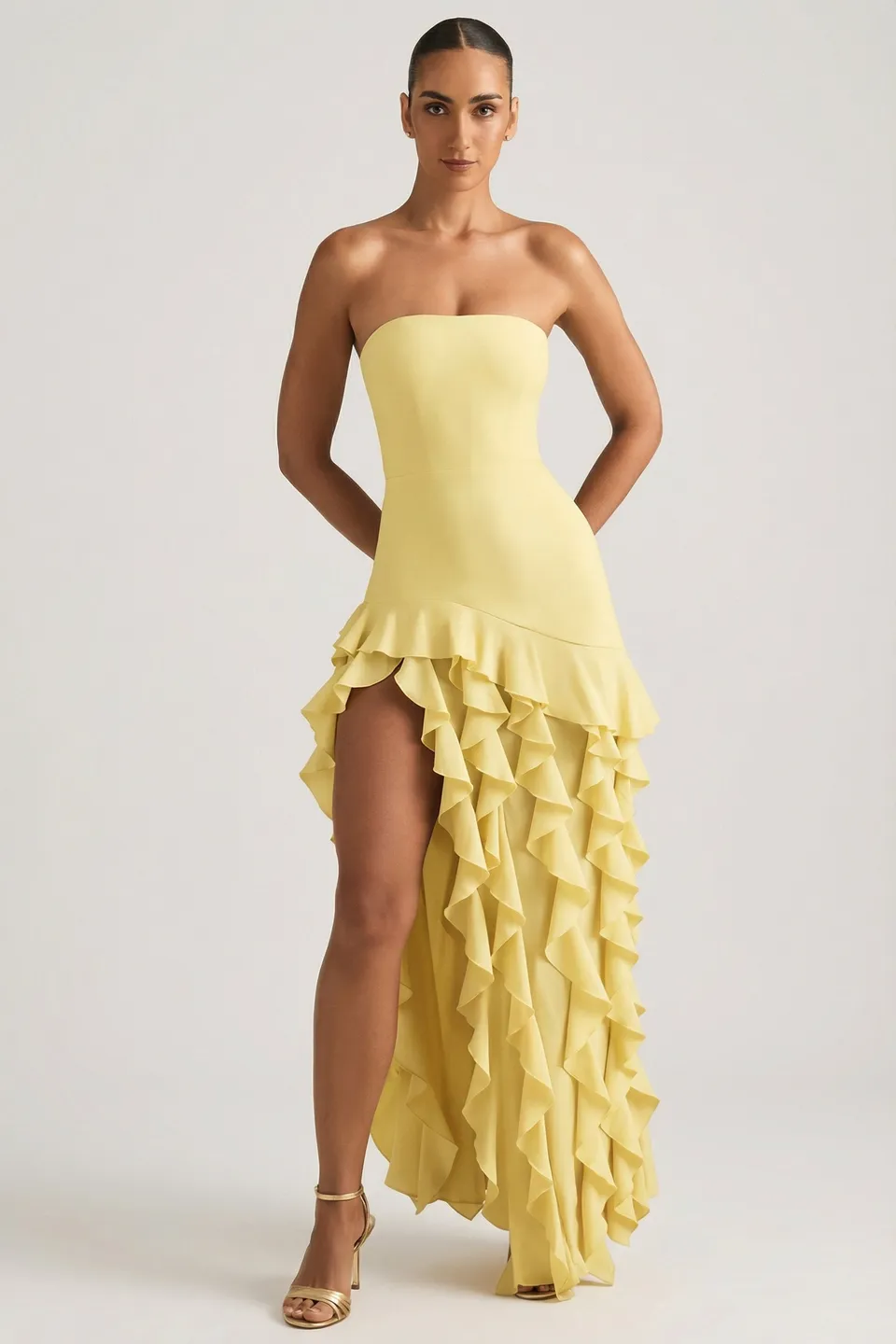 Oh Polly Diletta 8380 robe longue bustier jaune volants