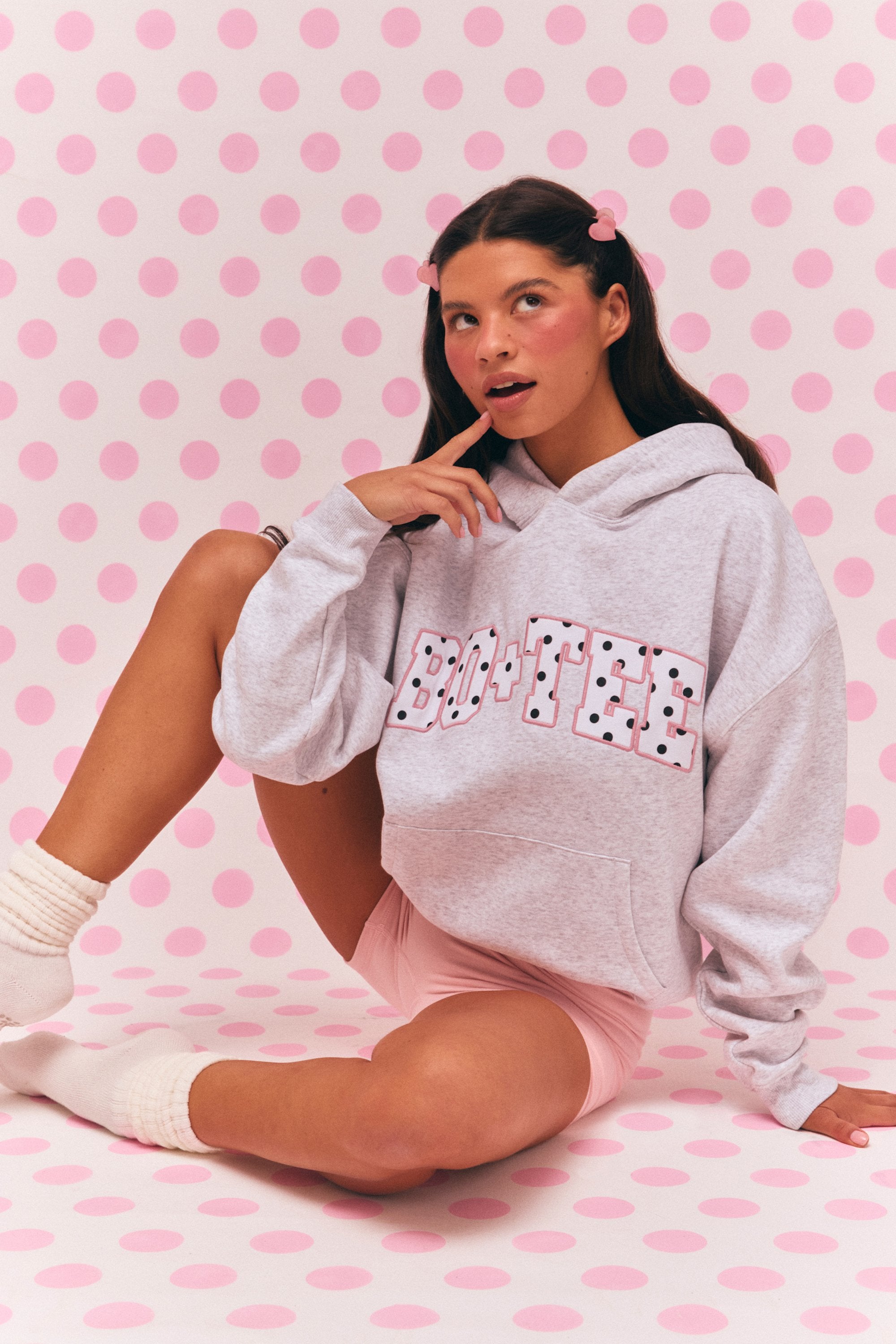 Oh Polly Oversized Applique Hoodie sweat femme gris chiné BT11300