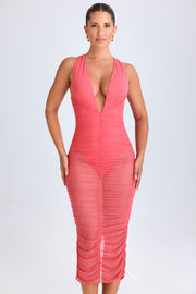 Oh Polly Safira Robe Midaxi Plongeante Corail Ruchée Mesh
