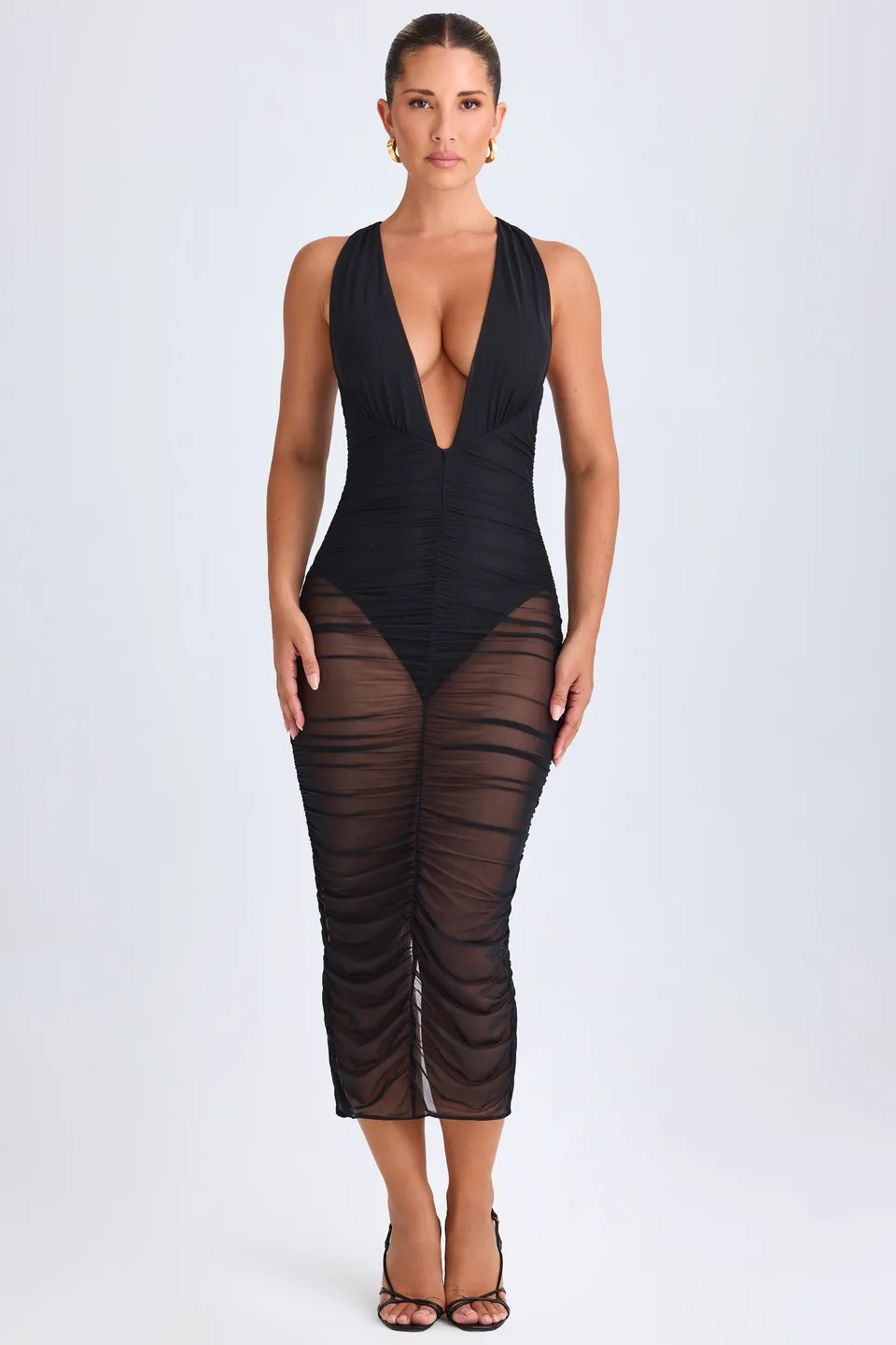 Oh Polly Safira robe midaxi noire décolleté ruchée