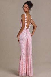 Oh Polly Embellished robe maxi rose bébé sequins traîne