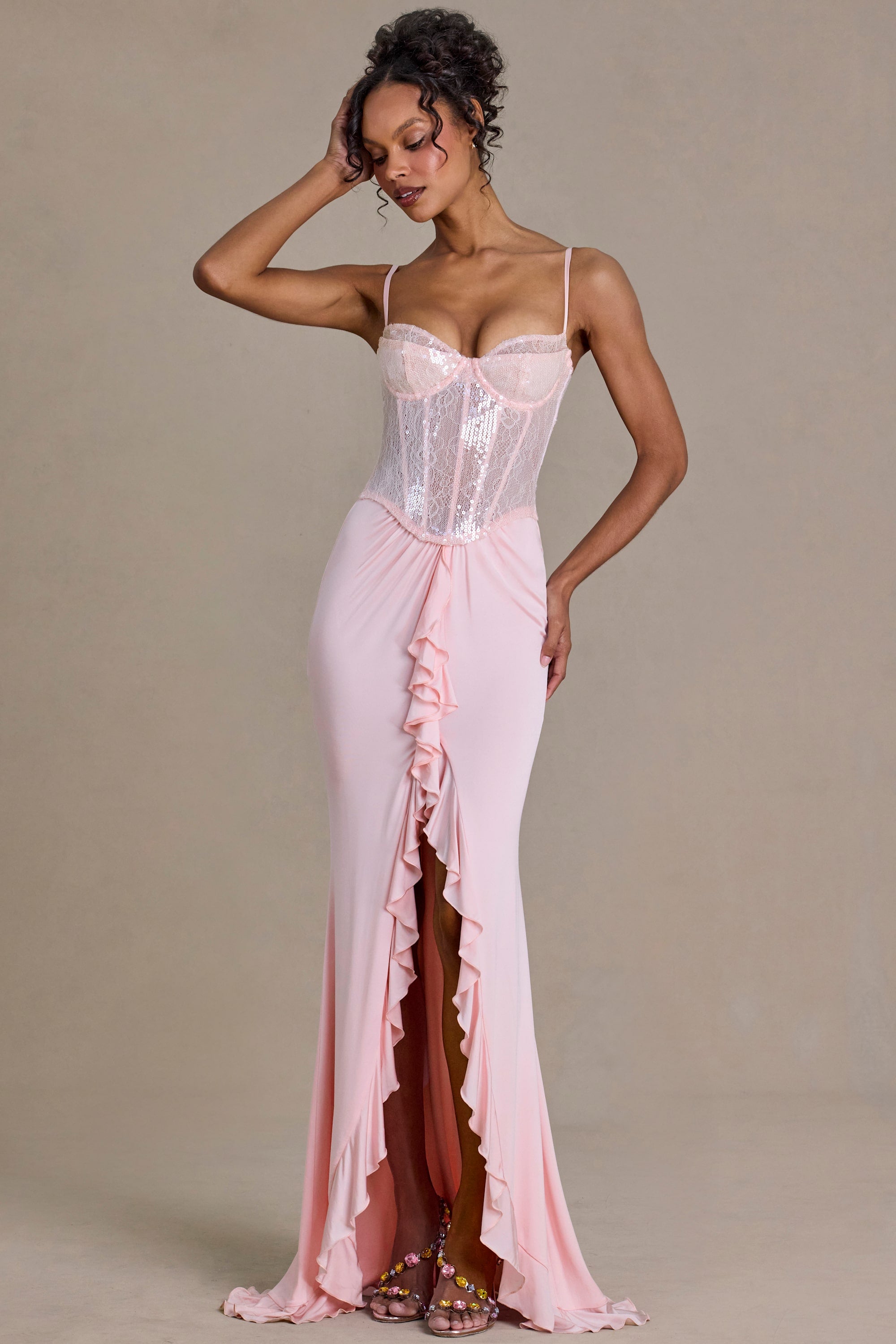 Oh Polly Robe Corset Dentelle Blossom Sequin Fendue Rose