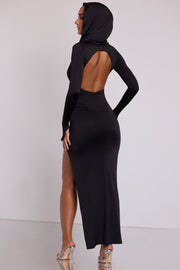 Oh Polly Desdemona Maxi Robe Noire Capuche Fendue