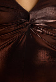 Oh Polly Safiya robe longue cuivre bronze jersey métallique