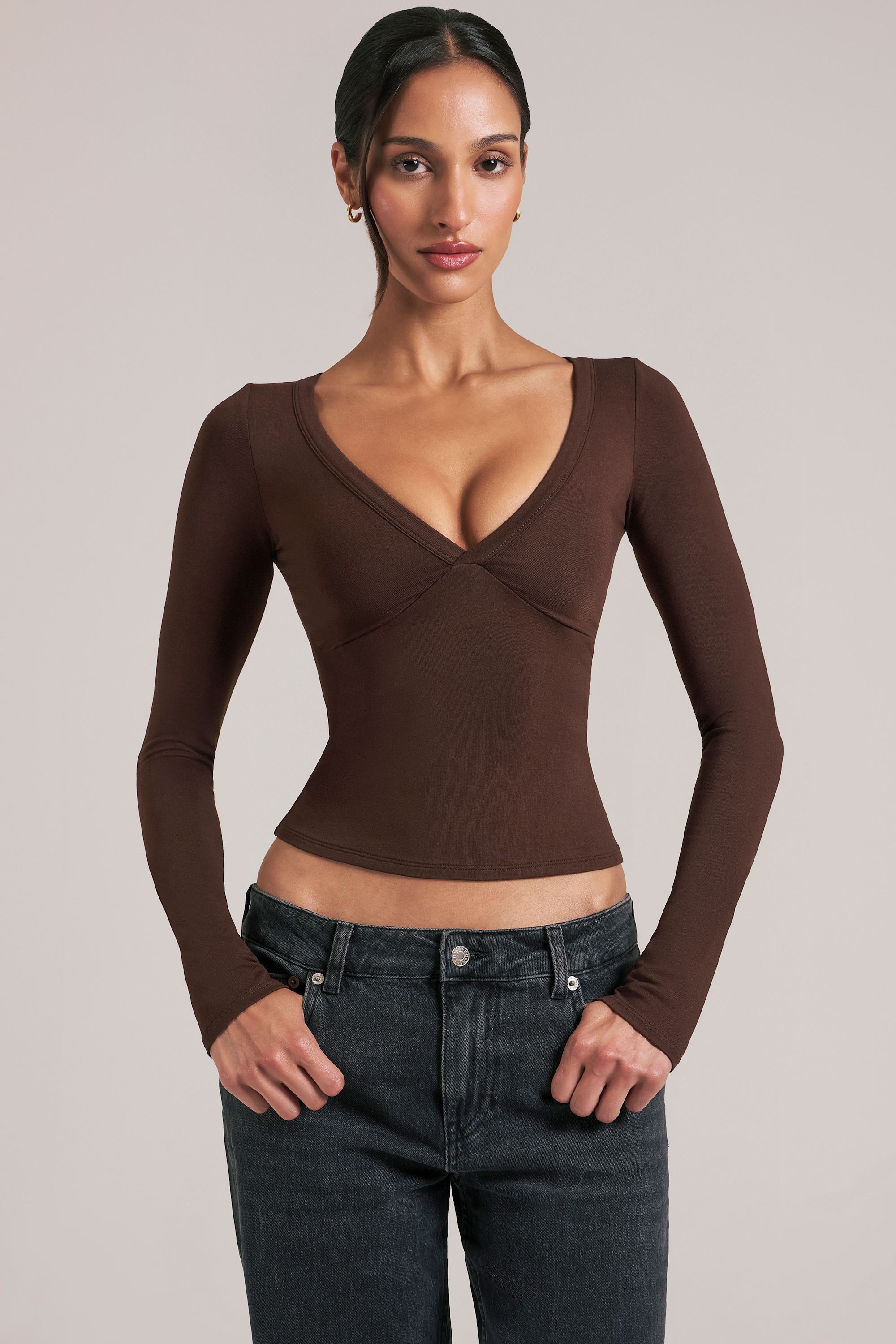 Oh Polly haut col V manches longues chocolate brown modal