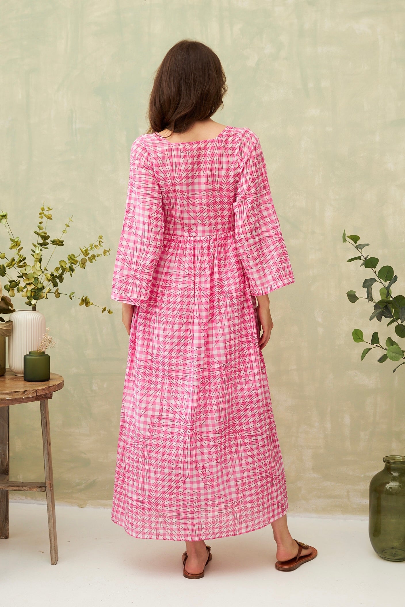Chicosoleil Claudia robe longue vichy rose coton