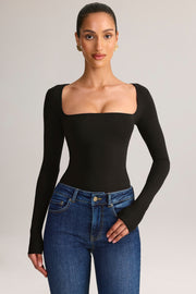 Oh Polly Kaia top col carré noir manches longues