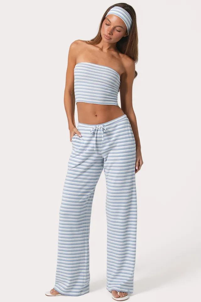 Oh Polly Pantalon Jersey Côtelé Bleu Rayé Taille Basse