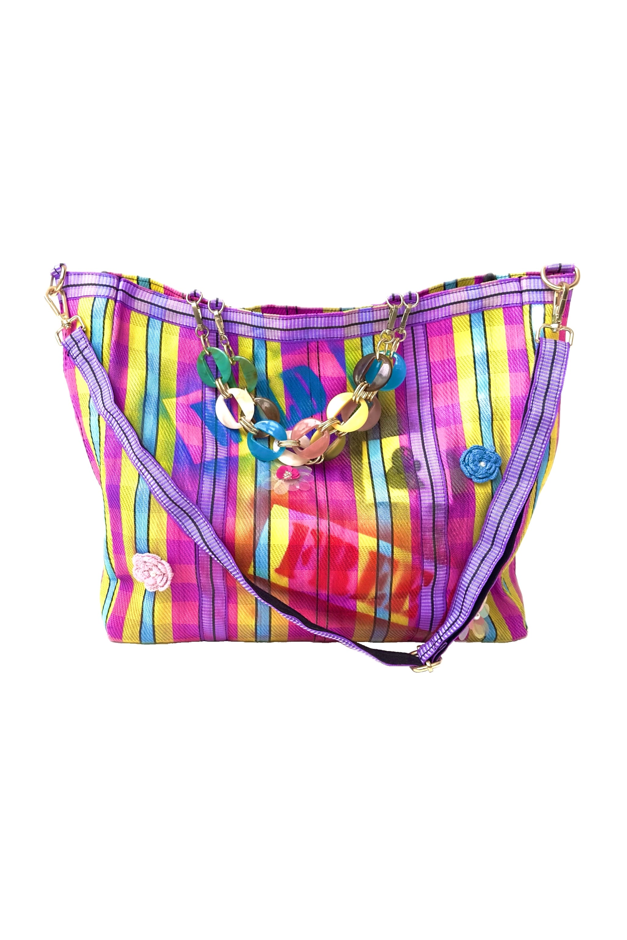 Chicosoleil Rainbow sac rose plastique recyclé anses bijoux