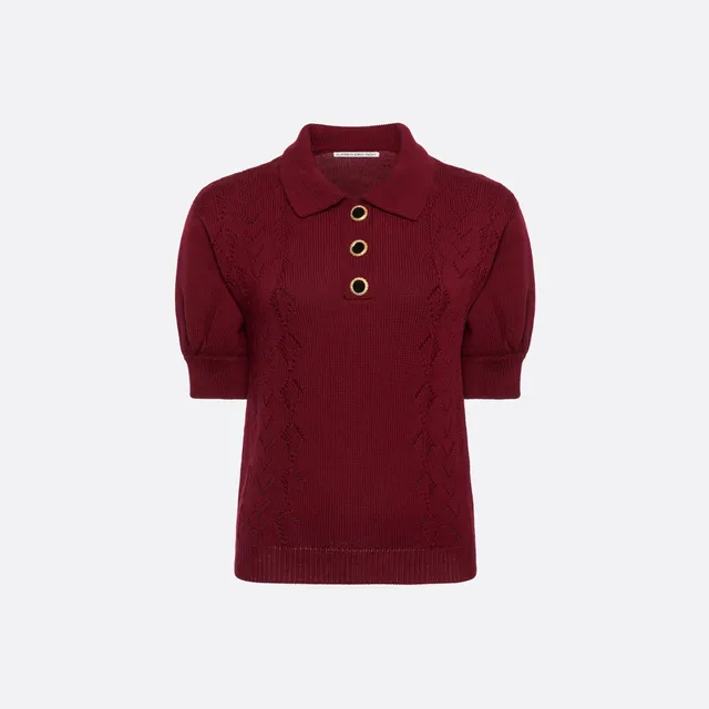 Alessandra Rich Lace-Knit Polo pull bordeaux mérinos