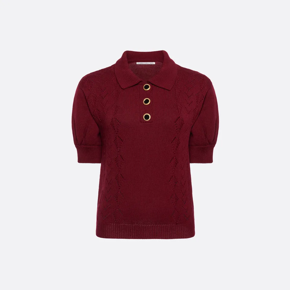 Alessandra Rich Lace-Knit Polo pull bordeaux mérinos
