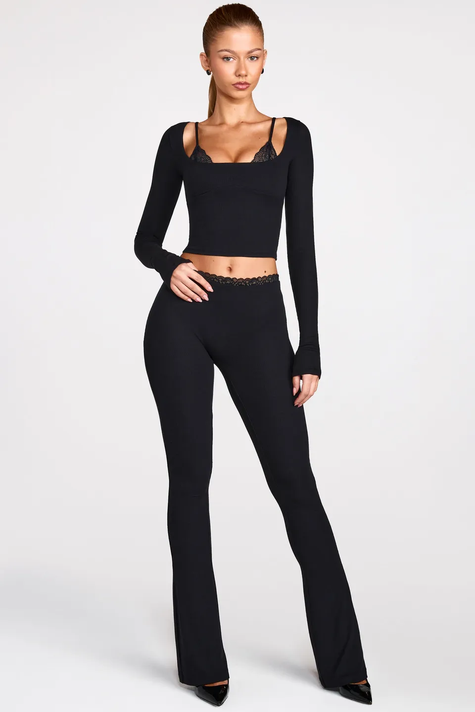 Oh Polly Philippa Pantalon Black modal côtelé dentelle
