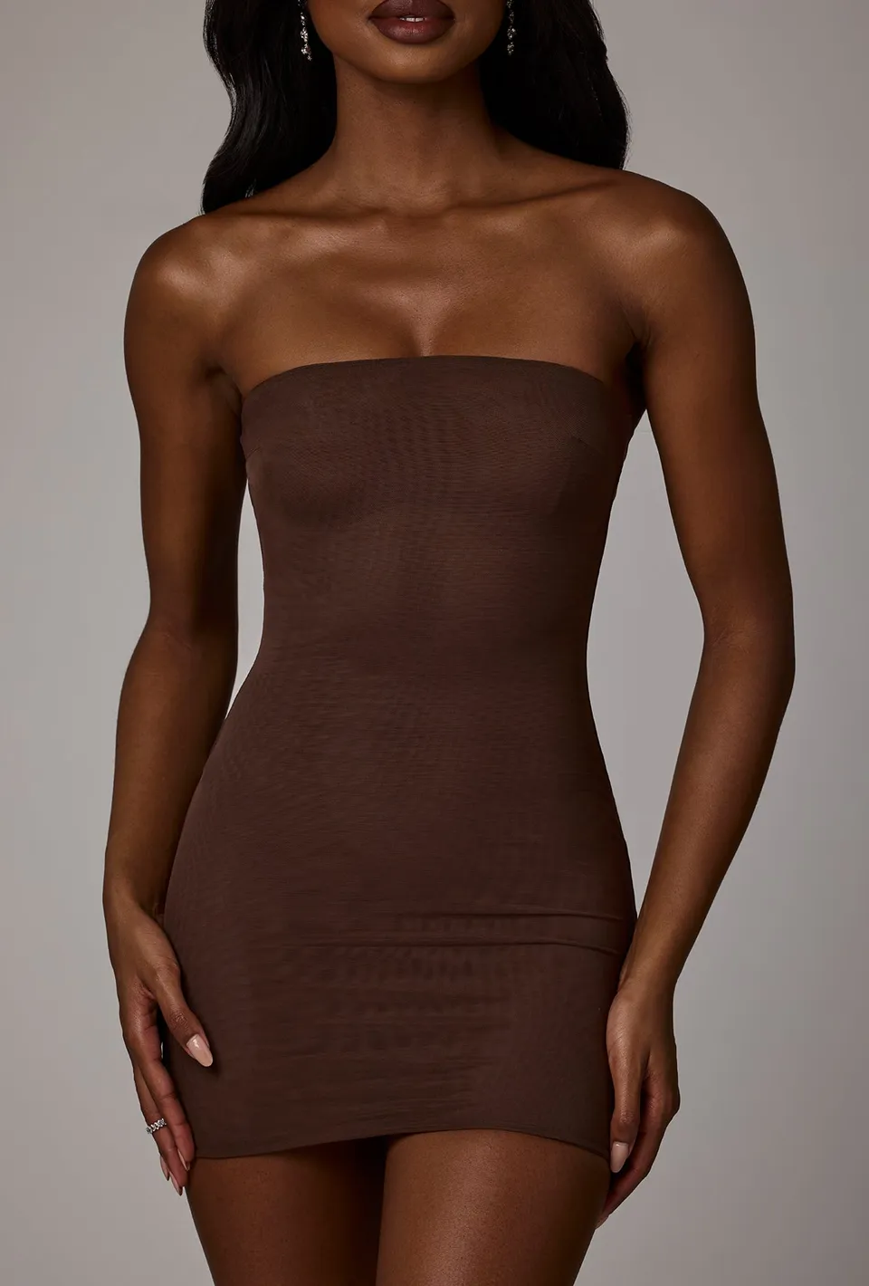Oh Polly Slip robe mini bustier marron cacao bretelles