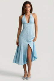 Oh Polly Elonia 14382 robe midaxi fleurie bleue dos nu